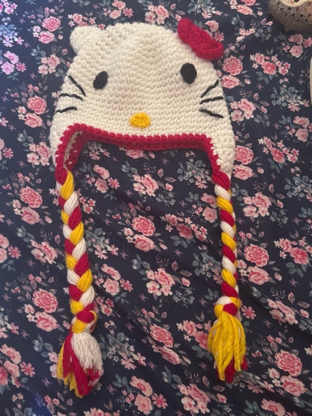 Kids White Crochet Character hello kitty  Hat with Pink and Yellow Accents